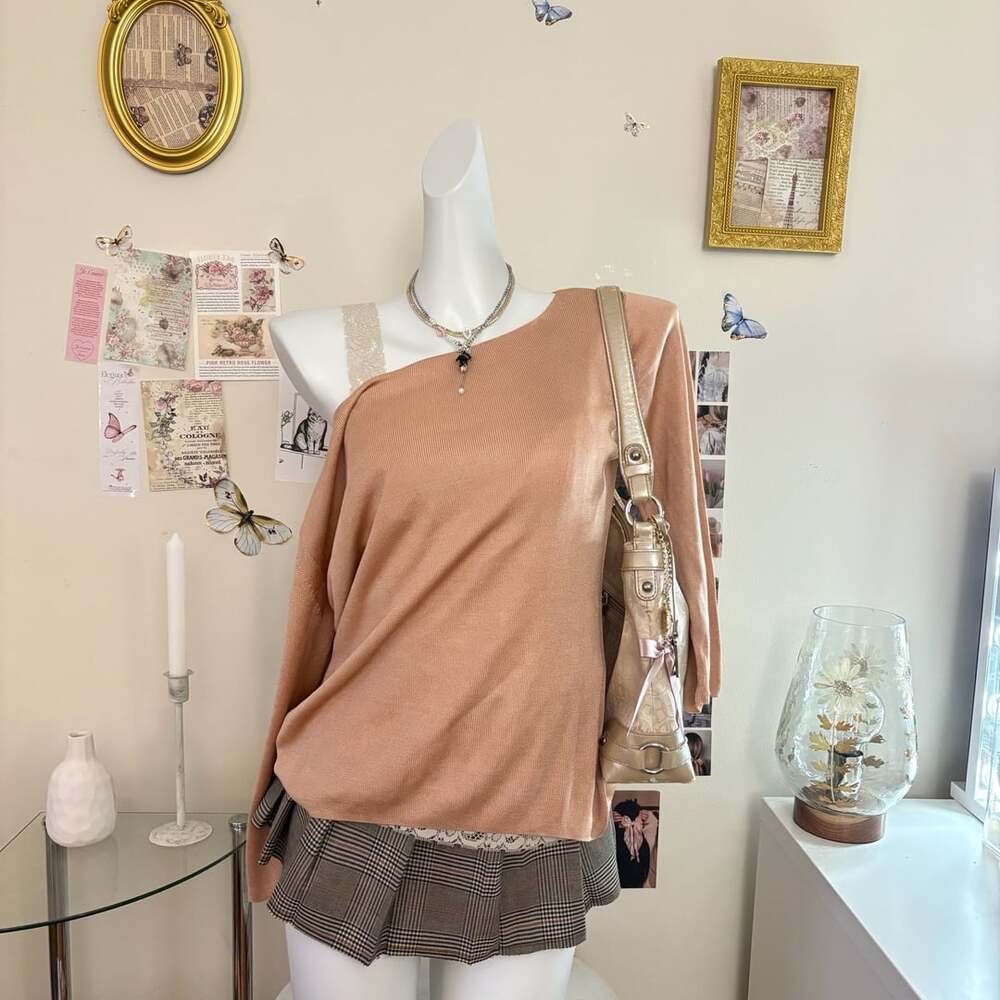 The Works Saks Fifth Avenue Vintage 100% Silk Knit Top Womens Camel Beige Sweat